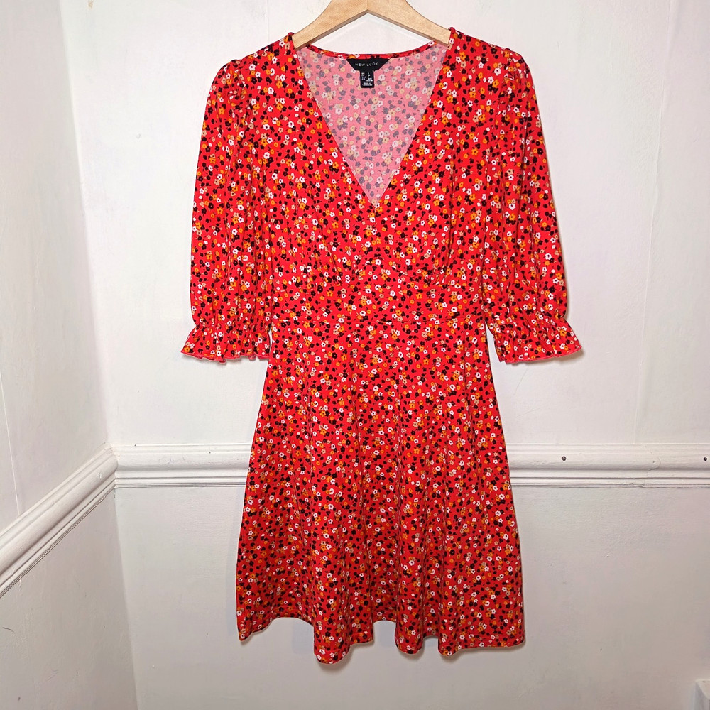 New Look Womens Dress Red Size UK 8 Ditsy Floral Babydoll Preppy Cottagecore
