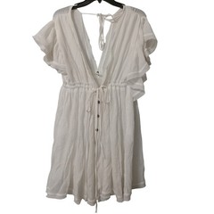 Flawless White Flutter Sleeve Boho Mini Dress V-Neck Gauze Cover Up Large Cruise