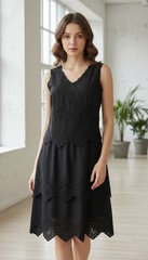 Hibis Lace Works Black Sleeveless Dress Eyelet Embroidered & Beaded Size XL