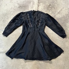 Maje Dress Womens 40 Black Linen Embroidered Studded Puff Sleeve Mini Dress