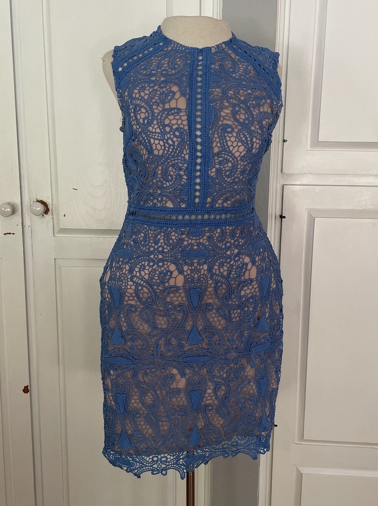 INA Crochet Blue Mini/Knee Length Dress Size Medium Cutout Waist And Chest