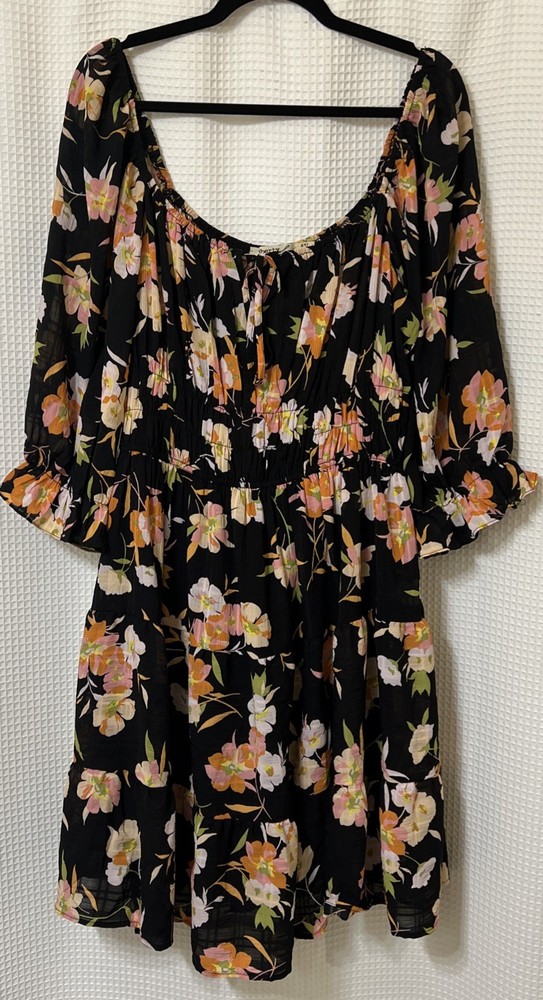 Black Floral Dress 2XL Baby Doll Cottagecore Smocked Tiered Coastal Cowgirl Boho