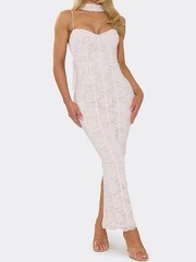 Women’s White Lace Sweetheart Spaghetti Strap Maxi Bodycon Dress Side Slit