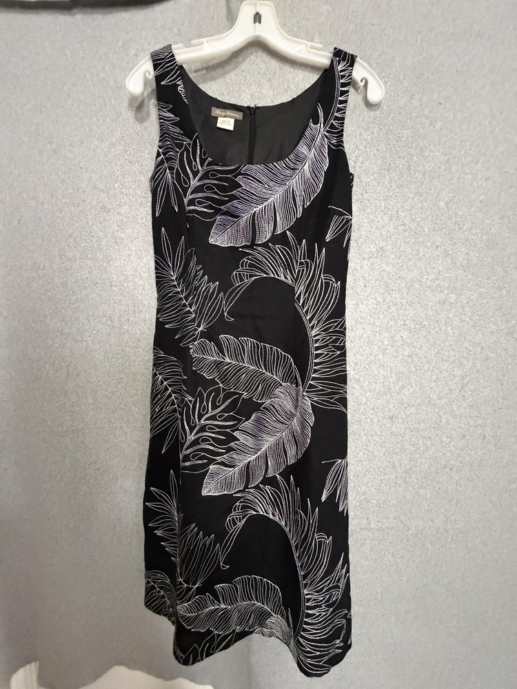 Tommy Bahama Dress Womens 4 Black Tropical Leaf Sheath Embroidered Sleeveless