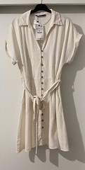 ZARA ECRU JOHNNY COLLAR LINEN BLEND MINI BELTED SHIRT DRESS WITH POCKETS SIZE M