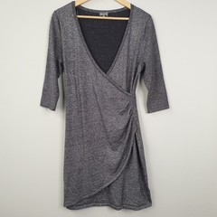 Phase Eight Dress Womens UK 14 Grey Metallic Faux Wrap Knit Smart Party Shimmer