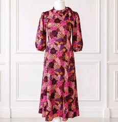 River Island Pink Multi Print Midi Tea Dress UK 10 Puff Sleeve Occasion Party