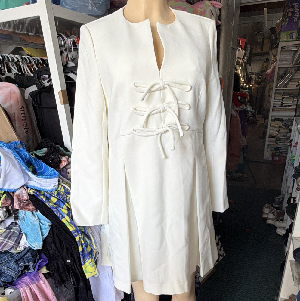 Tuckernuck White Crepe A-Line Mini Dress V-Neck Bow Front Lined Size S