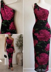Women’s One Shoulder Ruched Floral Maxi Bodycon Dress Large Pink Black Y2K Party