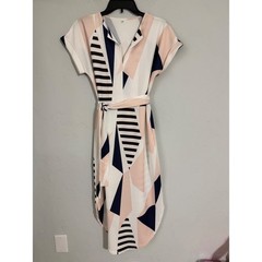 Womens Geometric Abstract Print Midi Dress Navy Pink White Split Neck Medium