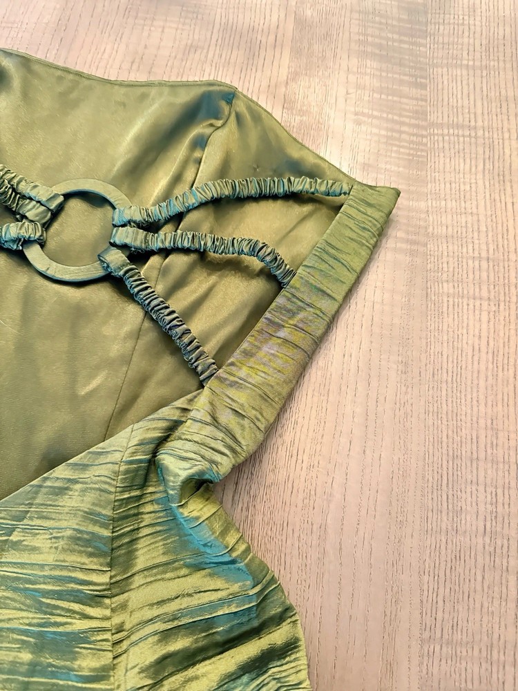 Cache Size 4 Green Solid Halter Sleeveless Mini Dress Ruffle Hem Lined