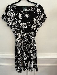 Lauren Ralph Lauren Sheath Dress XL Black White Floral Knit Belted Stretch