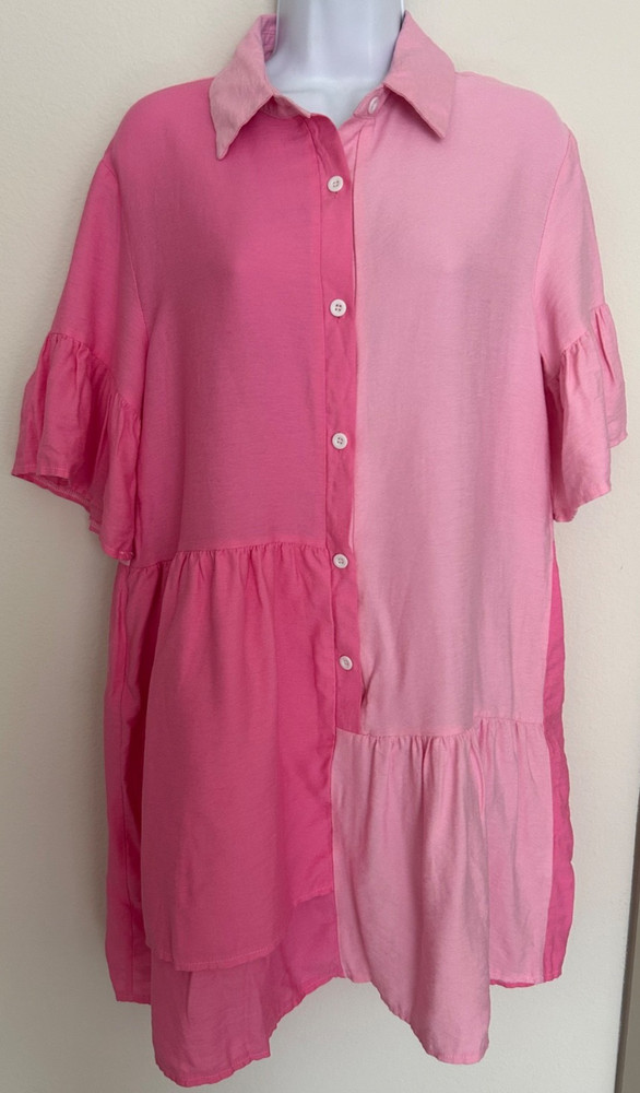 Shein Womens Medium Two Tone Pink Mini Shirt Dress Short Sleeve Cute Summer