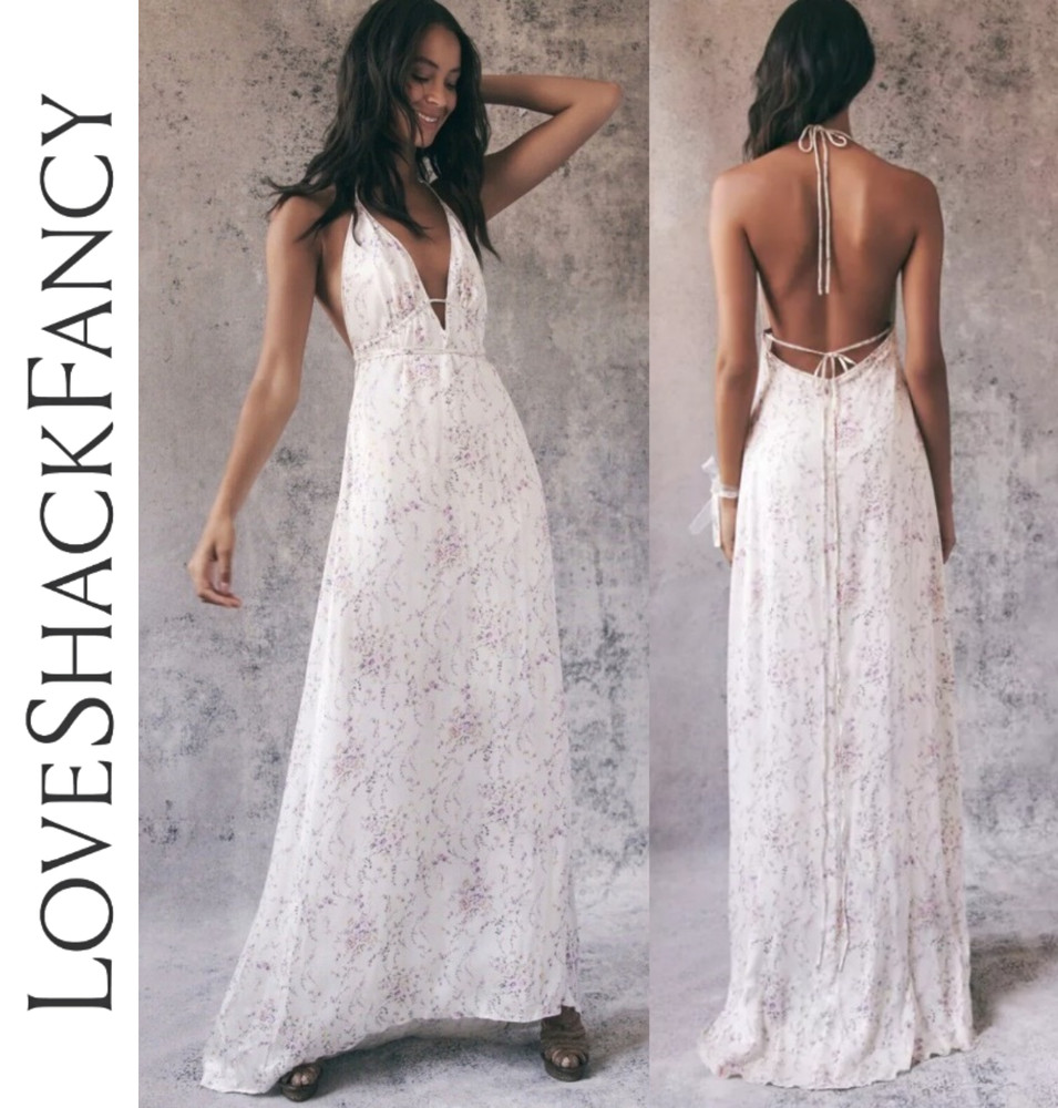 LoveShackFancy Cabane Silk Asymmetric hem Halter Maxi Dress in Biscotti M $625