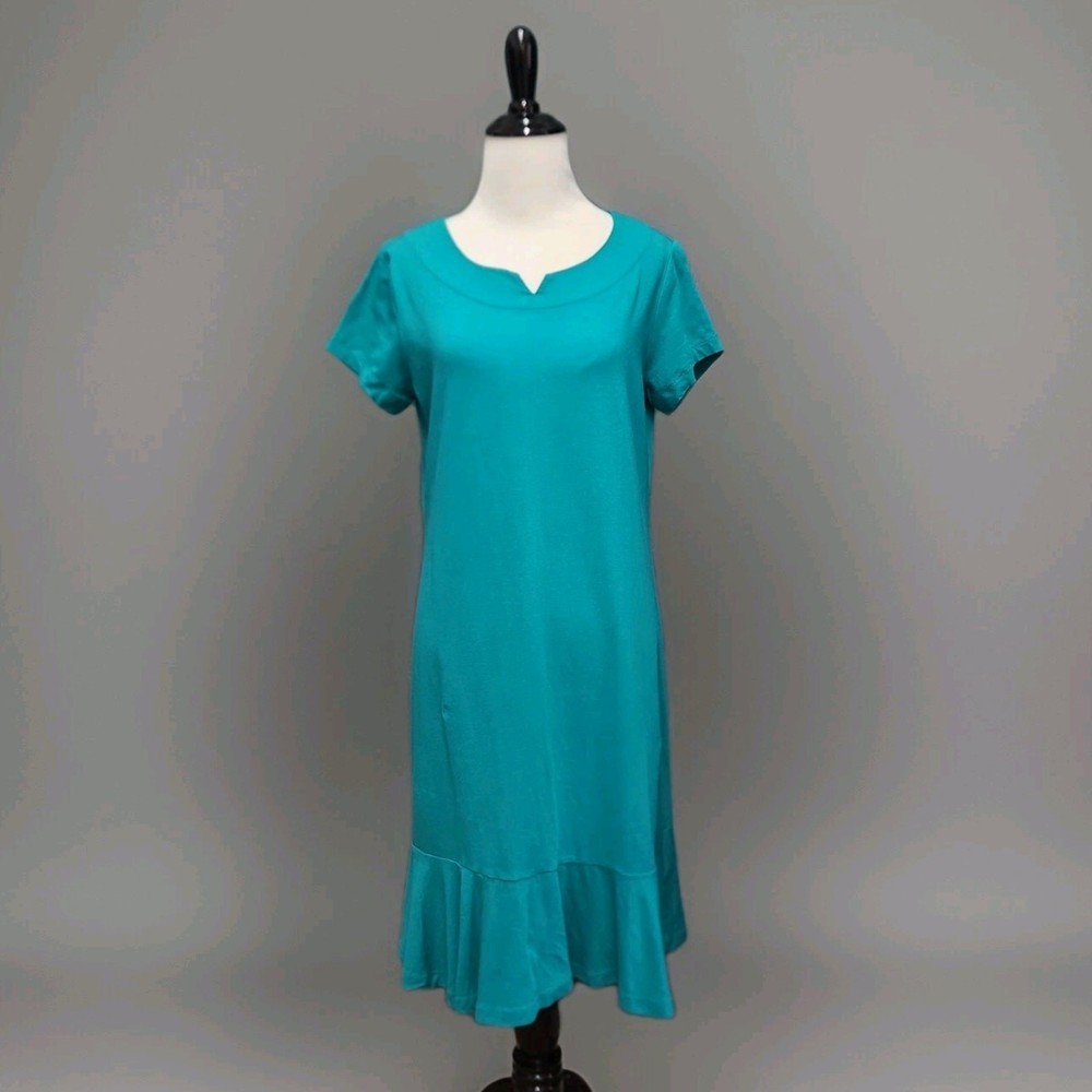 LANDS&rsquo; END Teal Cotton stretch knit round neck ruffled hem Small