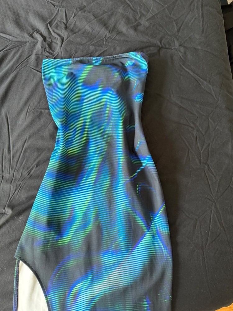 Bershka Bodycon Maxi Dress, Blue and Green Print with side slit leg, Size XS