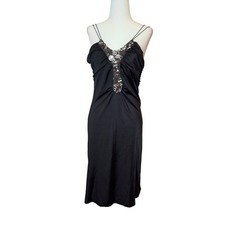 Venus Black Embellished Crystal Neckline Cocktail Dress Ruched Midi Small