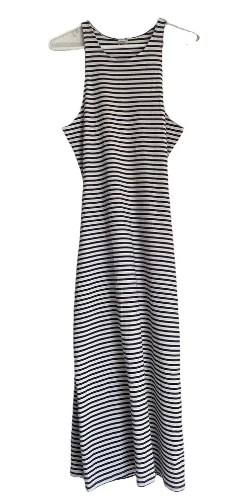 ROXY Navy/White Striped Sleeveless Open Back Stretch Cotton Knit Maxi Dress Sz L