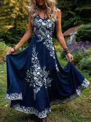 Boho Vintage Lavender Floral Print Plus Size Elegant Dress