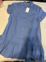 Quince Women’s Blue Solid Shirt Dress M Button-Front Collared Ruffle Hem