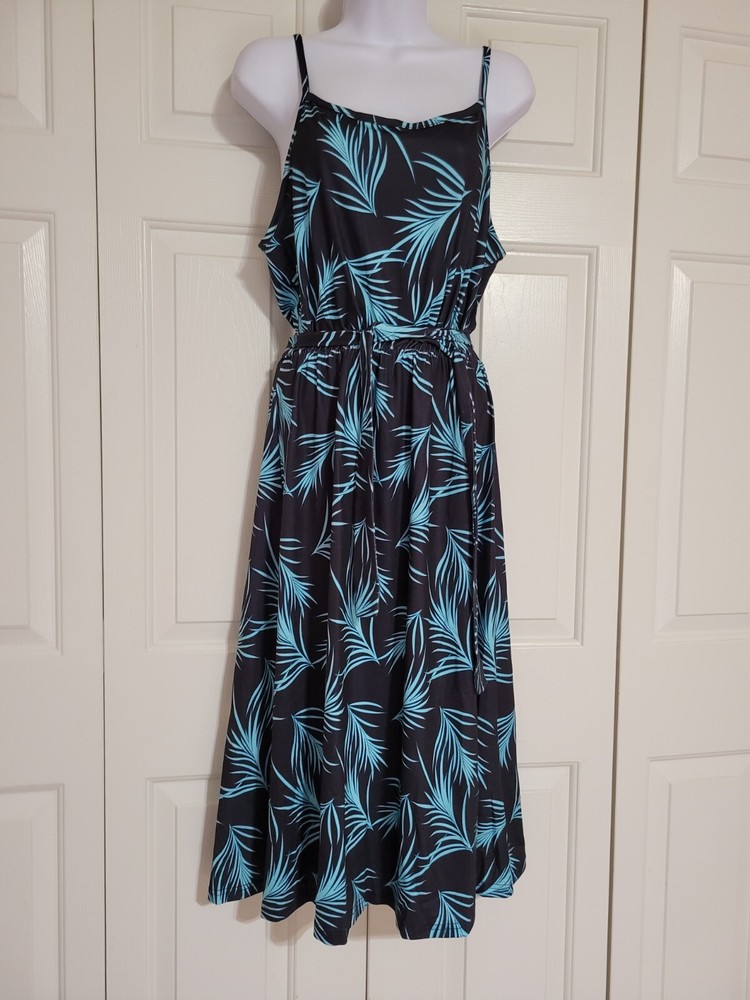 Women Summer Spaghetti Strap Leaf Print Pep Hem Belted Midi Dress Size L NEW
