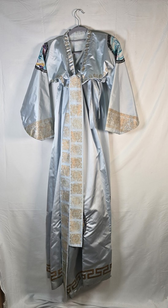 Traditional Chinese Hanfu Dress Set Blue Satin Phoenix Cosplay Gold Foil Sz XS