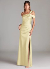 Azazie Wynter Stretch Lemon Sorbet Sheath One Shoulder Stretch Satin Dress A4