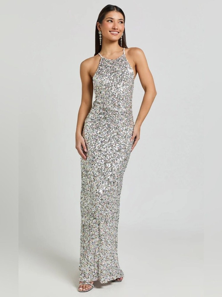Showpo Halter Neck Cross Back Sequin Maxi Dress in Rainbow Silver