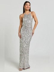 Showpo Halter Neck Cross Back Sequin Maxi Dress in Rainbow Silver