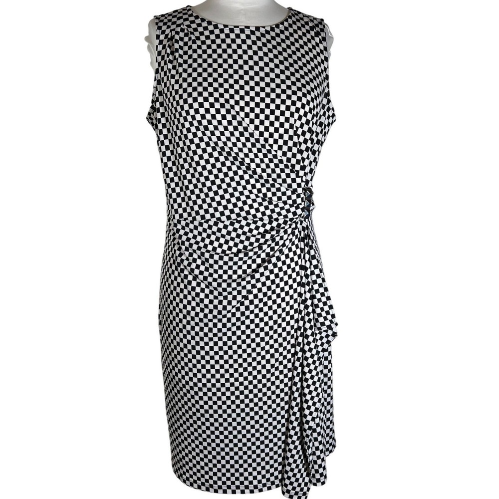 Michael Kors Black White Checkered Ruched Side Buckle Sheath Dress Large