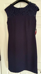 SLNY sleeveless navy sheath cocktail dress with lace sequined neck, sz 8, NWT