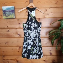 Lucca NWT Black Twist Neck Floral Shift Dress Racerback Belted Pocket Lined Sz M