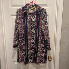 Roller Rabbit Womens L Cotton Ikat Print Tunic Dress Purple Navy Olive Pockets