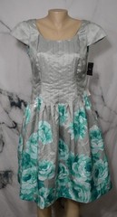 ELLEN TRACY NEW NWT Pewter Combo Cap Sleeve Dress 12 Pintuck Waist Floral Skirt