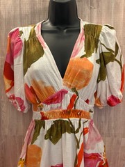 White Closet Elements Linen Blend V-neck White Foral Smock Empire Waist Dress S