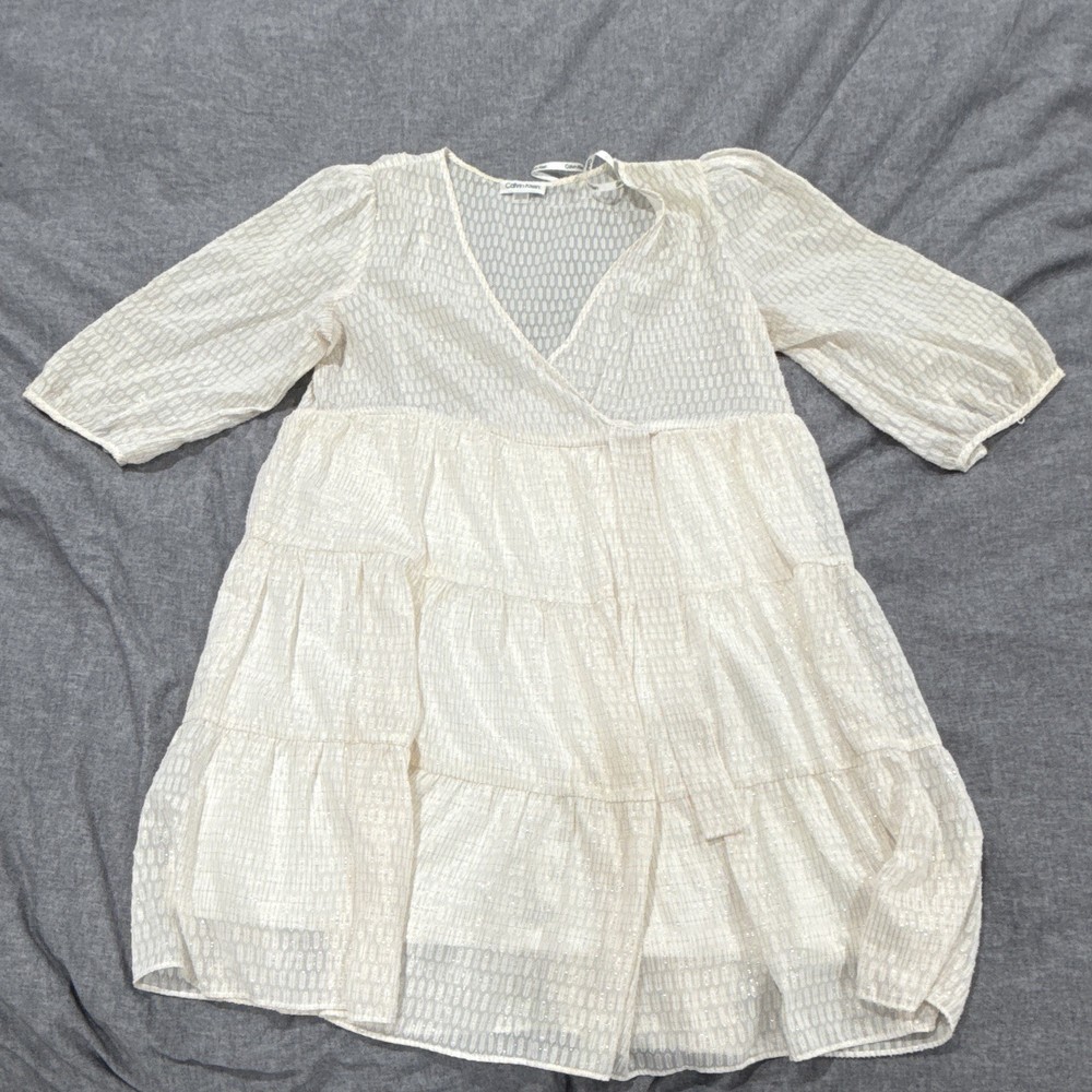 Calvin Klein White Chiffon V-Neck Wrap Tie 3/4 Puff Sleeve Geo Short Size 10