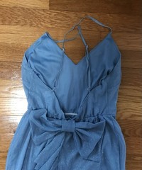 Blue Solid Glitter V-Neck Spaghetti Strap Long Formal Gown Bow Ruffle Adjust