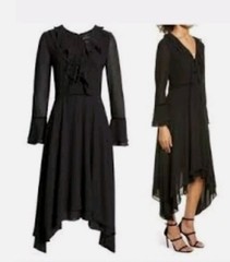 SHANI V NECK LONG SLEEVE HANKY HEM GEORGETTE RUFFLE Asymmetrical midi DRESS 8