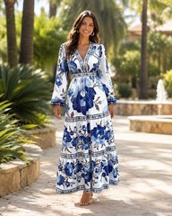 Womens Blue Floral Maxi Dress Long Sleeve Boho Tiered Vacation Summer S M L