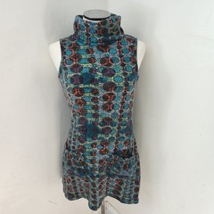 Aryeh Womens Small Teal Purple Medallion Knit Sleeveless Turtleneck Tunic Dress