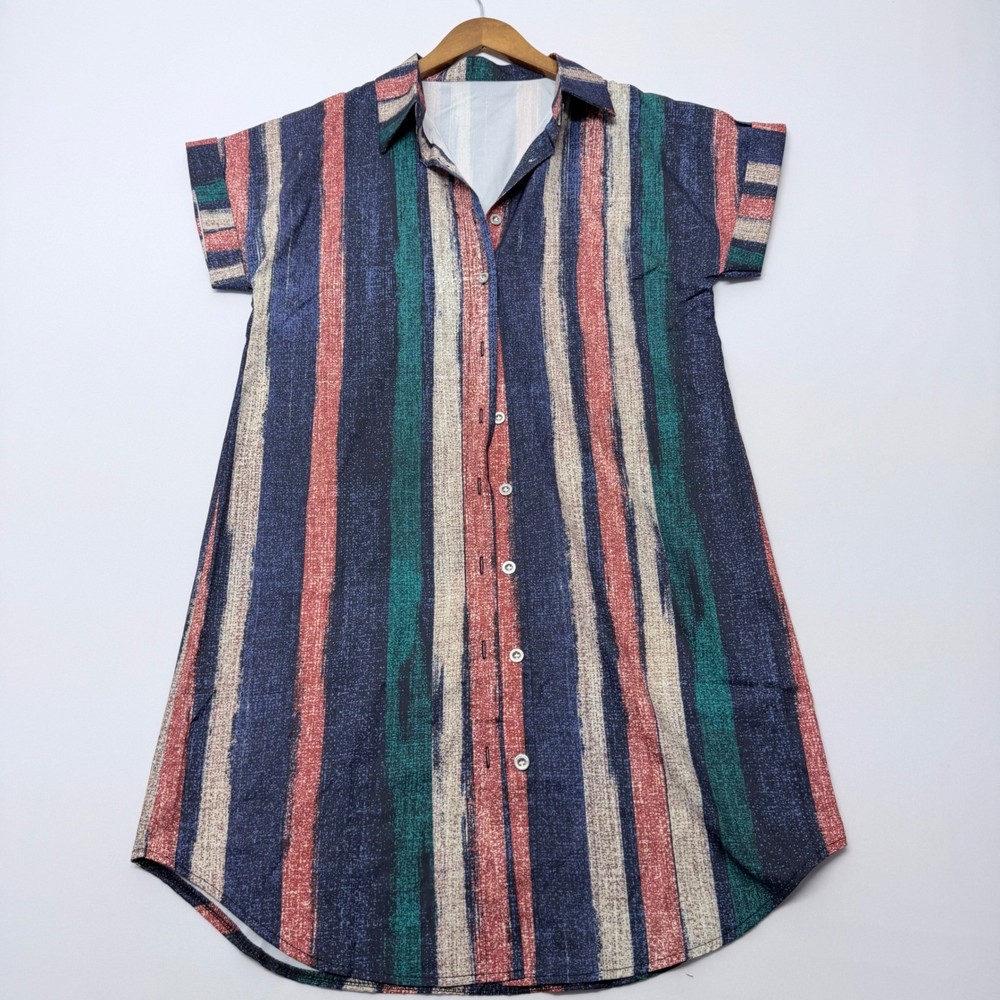 Multicolor Vertical Stripe Button Down Short Sleeve Shirt Dress Medium