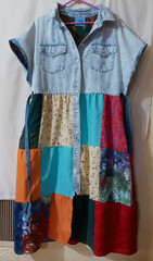 Rainbow Dragon upcycled dress patchwork OOAK 1XL- 2XL (chest 52&Prime;) cross-stitch