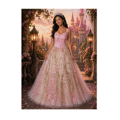 #777-30 Pink/Gold Tulle Chiffon Sweetheart Ballgown Beaded Sequin Corset Size 10