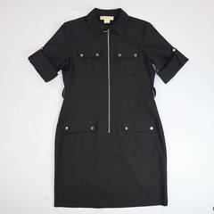 Michael Kors Womens Roll Tab Sleeve Black Collared Dress Size P/M Petite Medium
