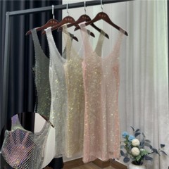 Women Rhinestone Mesh See Through Tank Dress Slim Fit Sleeveless Short Bodycon