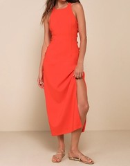 Lulus Masterfully Mod Side Button Midi Dress Womens L Bright Orange Retro Mod