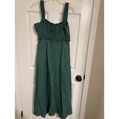 Zara Green Linen Blend Smocked Button Down Midi Dress Large Forest Green