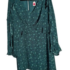 Forest Lily Teal/Green Floral V-Neck Mini Dress Ruffle Long Sleeve Green Womens