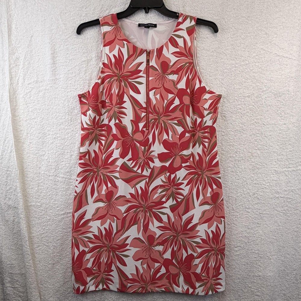 Boston Proper Dress Womens XL Red Floral Sleeveless Knit Zip Front Shift