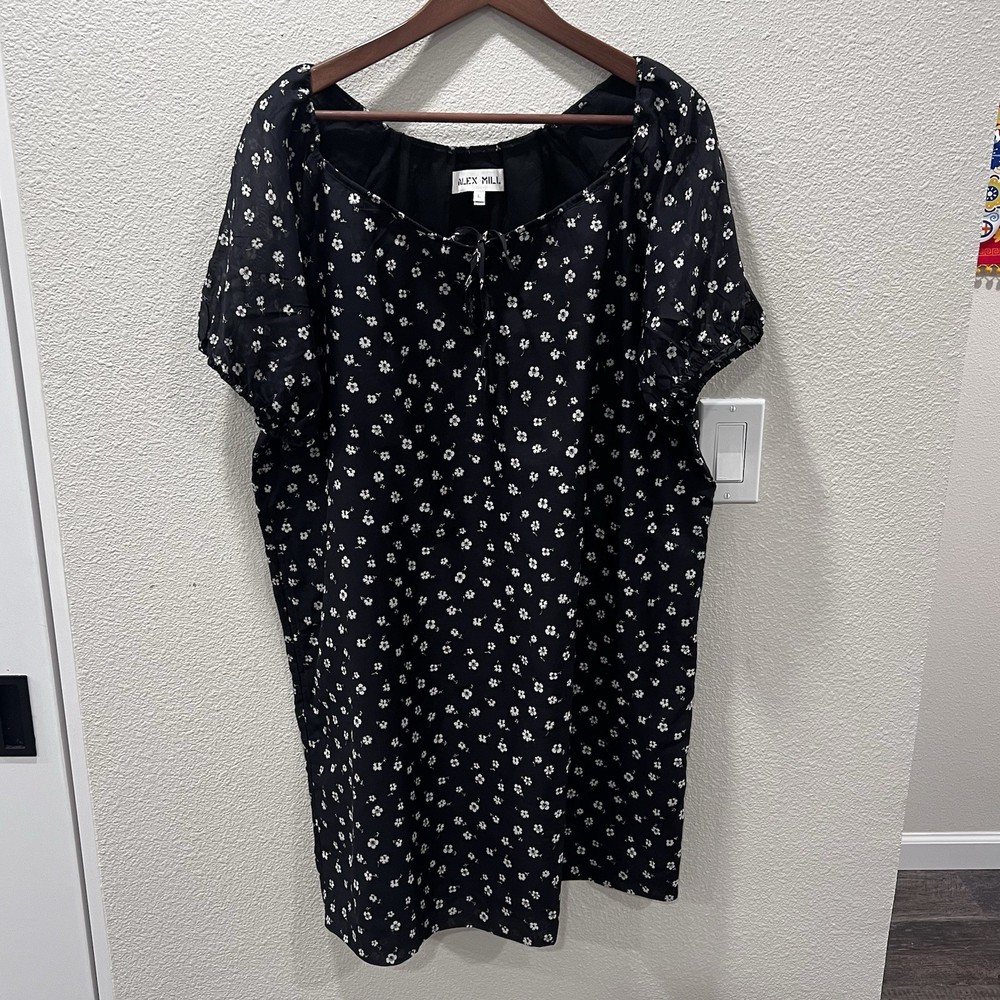 Alex Mill 100% Silk Floral Print Mini Dress Women&rsquo;s Size Large Black White Lined